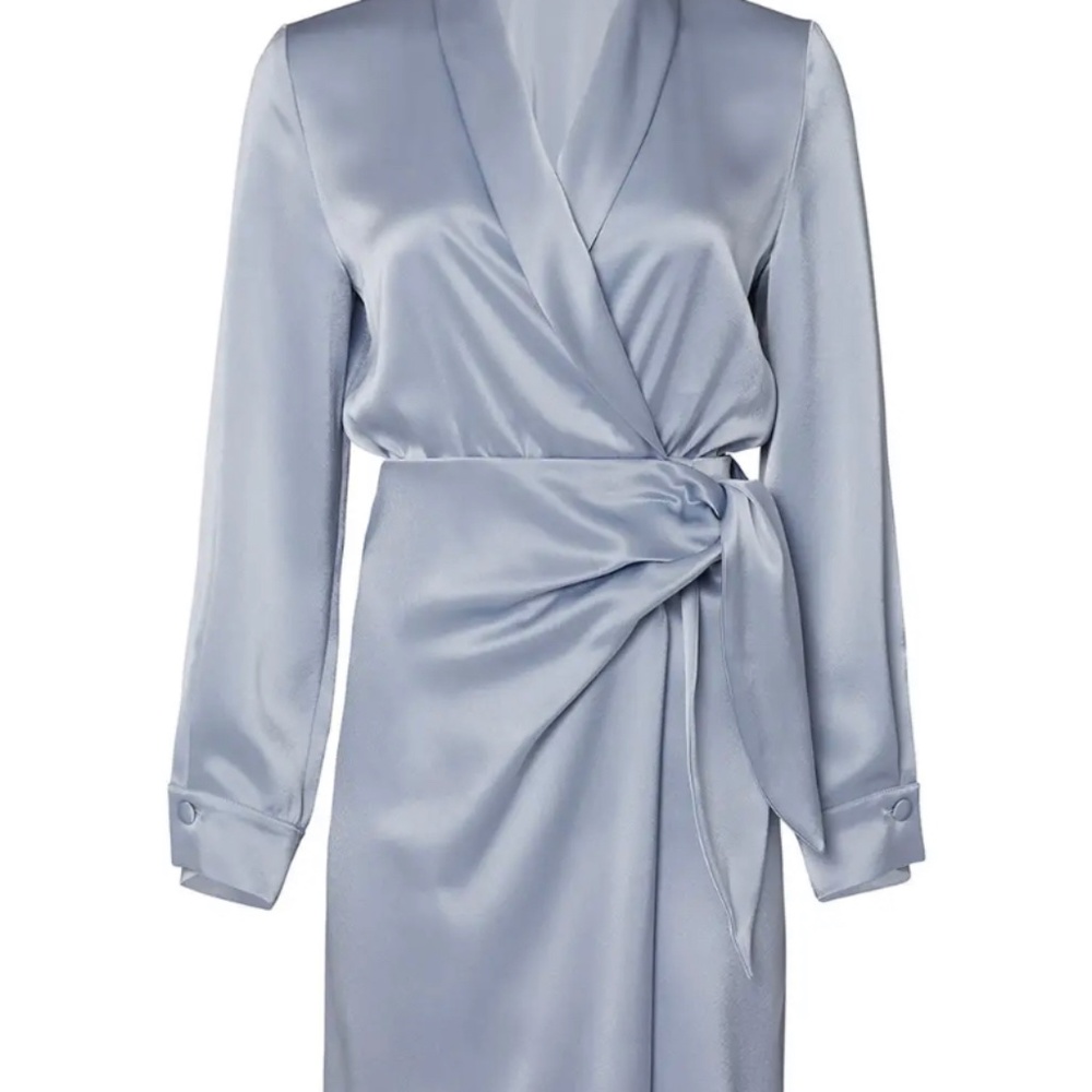 Nanushka Siwa Satin Mini Wrap Dress Light Blue Size Large